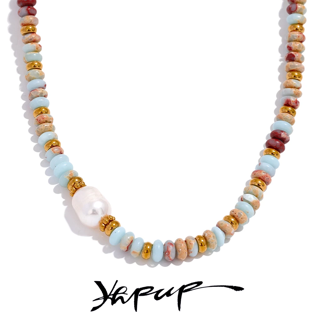 Yhpup Trendy Naturstein Süßwasser Perle Kragen Kette Halskette Edelstahl Handgemachte Stilvolle Perlen Schmuck Bijoux Geschenk Image