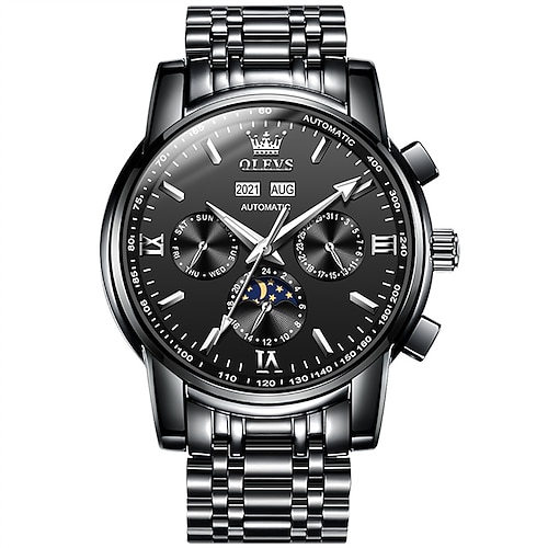 Die neue Herren-Businessuhr von Olevs mit leuchtendem Mondphasenkalender, 24-Stunden-Multifunktions-Vollautomatik-Mechanikuhr, lässige, modische, wasserdichte Herren-Sportarmbanduhr Image