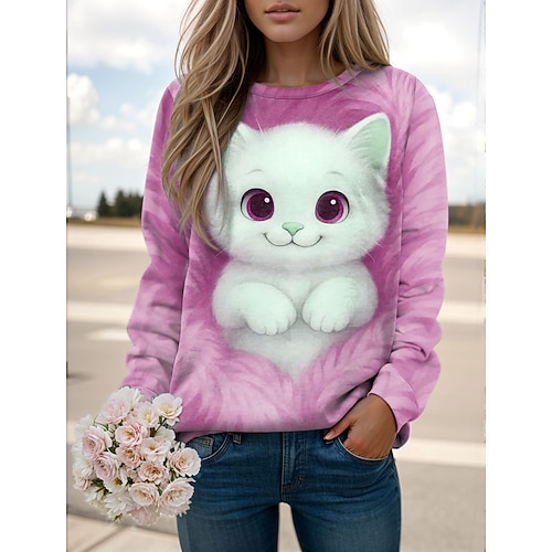 Damen Pullover Sweatshirt Druck Grafik Tiermotiv Katze Lässig Langarm Rundhalsausschnitt Normale Oberteile Lässig Straße Ferien Blau Rosa Purpur Grün Frühling Herbst Winter