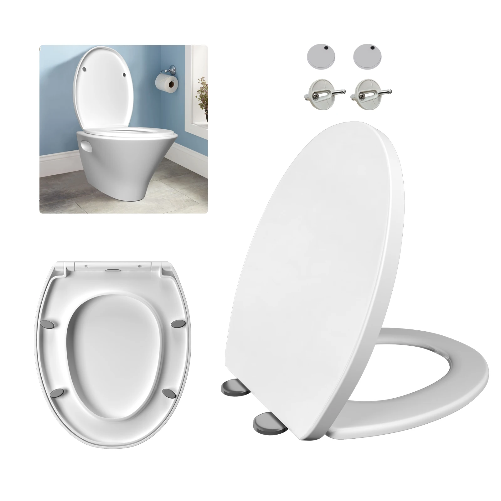 Toilettensitz in ovaler Form, Toilettendeckel mit Soft-Close-Mechanismus, Schnellverschlussbefestigung an der Oberseite 360 ° Verstellbare Scharniere Image