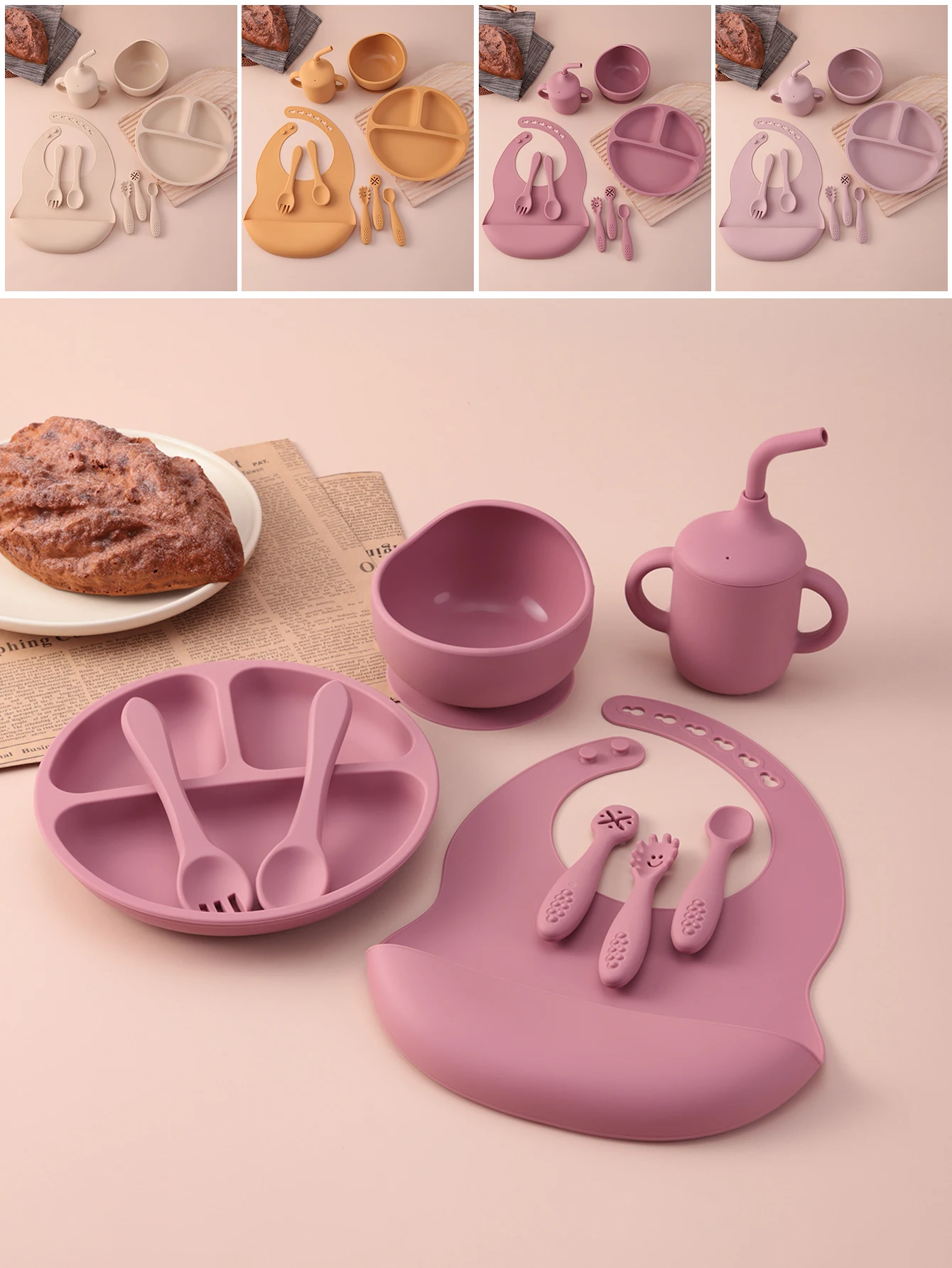 9PCS Silikon Baby Fütterung Set Saug Platten Schüssel Lätzchen Schnabeltasse BPA FREI Kleinkind Selbst Entwöhnende Essentials Geschirr Image