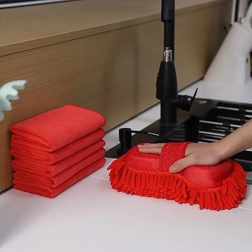 6-teiliges Autowaschschwamm- und Handtuchset – enthält 1 Reinigungsschwammhandschuh und 5 weiche, super saugfähige Mikrofasertücher – wiederverwendbar für den Einsatz im Auto, zu Hause und in der Image