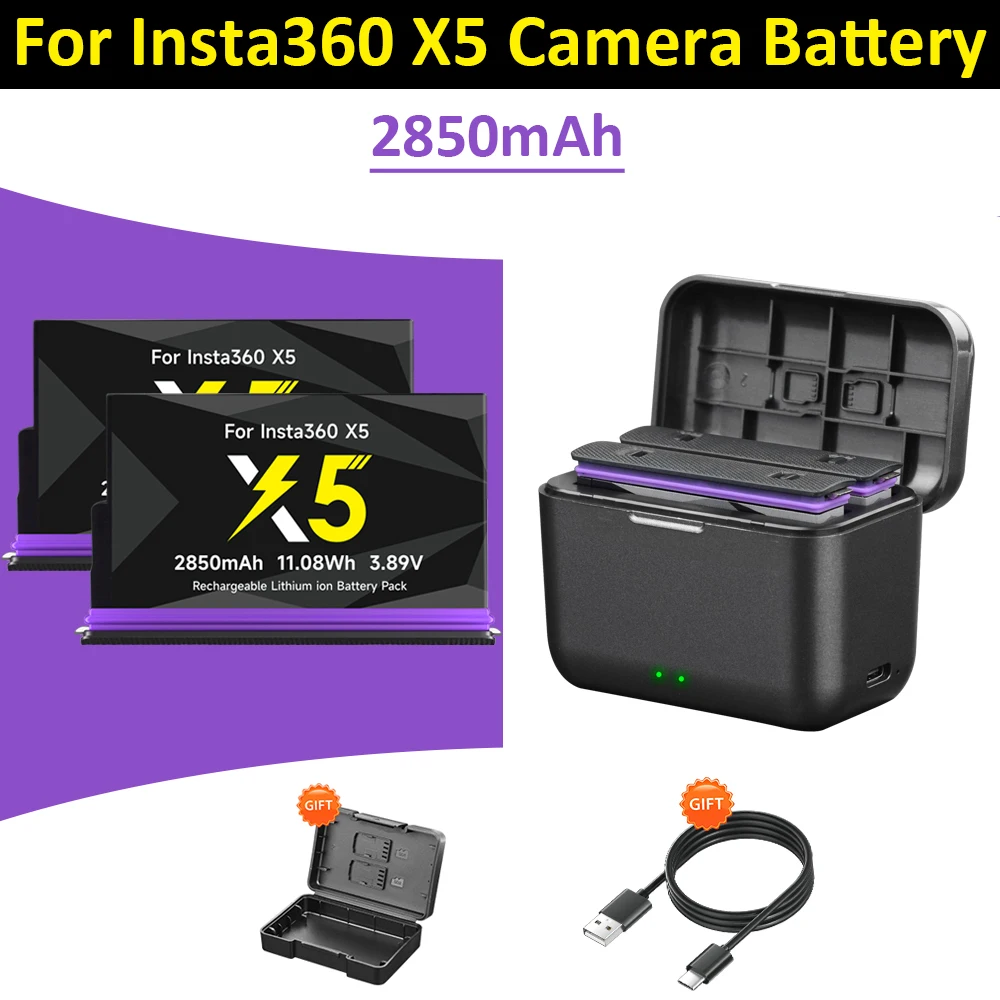 2850 mAh Hohe Kapazität Für Insta360 X5 Kamera Batterie + 2-Slot LED tragbare schnelle ladegerät Für Insta 360X5 action Kamera Zubehör Image