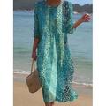 Damen Maxi Kleid Kaftan 3/4 Länge Ärmel Rundhalsausschnitt Lässiges Kleid A-Linie Kleid Boho Reguläre Passform Grafisch Geometrisch Abstrakt Weiß Gelb Blau Orange Frühling Herbst