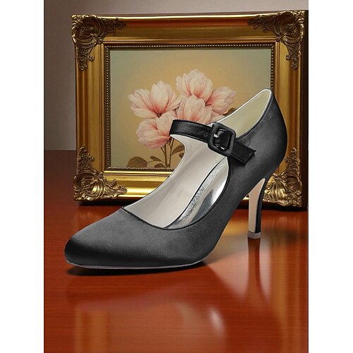 Champagnerfarbene Mary-Jane-Pumps aus Satin für Damen mit Kristallschnalle, elegante Pumps mit spitzer Spitze für Cocktailpartys Image