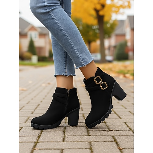 Damen-Stiefeletten aus Wildleder mit doppeltem Schnallenriemen und Blockabsatz, lässiges Schuhwerk für Alltagsoutfits Image