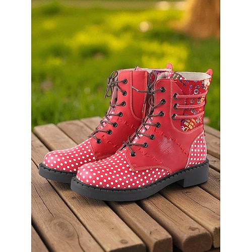 Grüne gepunktete Damen-Schnürstiefeletten aus Leder mit buntem Patchwork-Design, bequeme, flache Absätze, lässige Outdoor-Schuhe Image