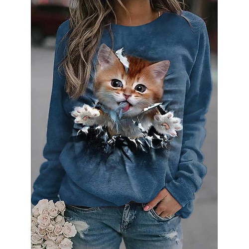 Damen Sweatshirts Druck Grafik Tiermotiv Vintage Lässig Langarm Rundhalsausschnitt Normale Oberteile Lässig Heim Alltagskleidung Blau Rosa Khaki Sommer Frühling Herbst Image