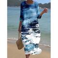 Damen Maxi Kleid Kaftan 3/4 Länge Ärmel Rundhalsausschnitt Lässiges Kleid A-Linie Kleid Boho Reguläre Passform Grafisch Geometrisch Abstrakt Weiß Gelb Blau Orange Frühling Herbst