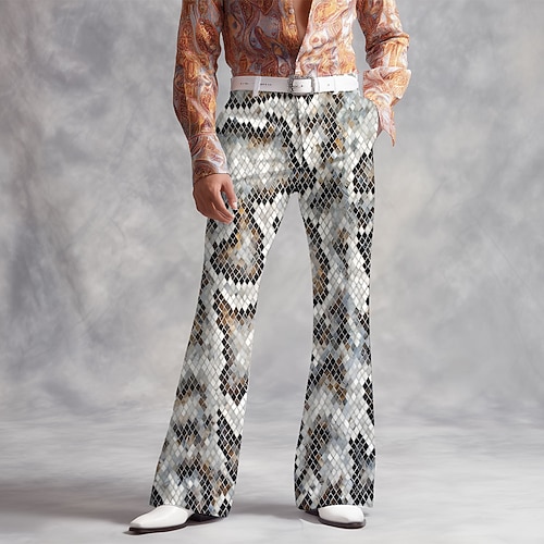 Herren Geometrisch Schlangenhaut Muster Disco-Hosen 60er 70er Schlaghosen Mittlere Taille Mode Vintage-Retro Outdoor Urlaub Party Bedruckt Seitentaschen Schlaghose Frühling Herbst 3D-Druck Schwarz Image