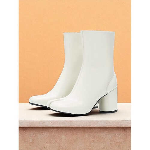 Damenstiefeletten aus braunem Kunstleder mit halbhoher Wade, Tabi-Stiefel mit geteilter Zehenpartie, klobigem Absatz und seitlichem Reißverschluss, minimalistischer, moderner Stil für Image