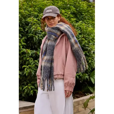 UO Check Brushed Blanket Scarf - Grey at Urban Outfitters
