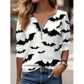 T-shirt Femme Halloween Graphique Chauve-souris Crâne Élégant Vintage Stylé à Manches Longues Col en V Col Rond Col Notché Tops Classiques Quotidien Week-end Imprimé Noir et Blanc Printemps Automne