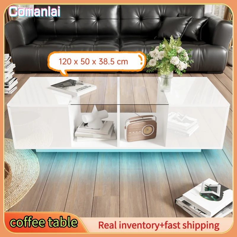 Comanlai 120 x 50 x 38,5 cm Couchtisch, moderner weißer Couchtisch mit LED-Beleuchtung, Hochglanz-Tischplatte
