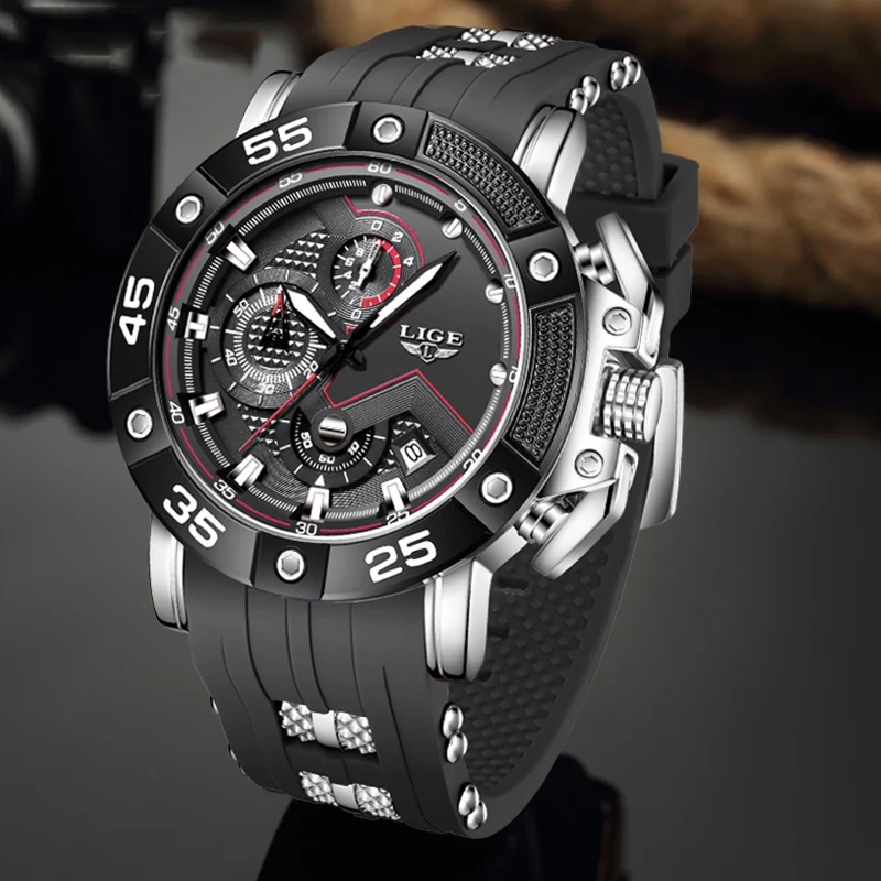 LIGE Mode Schwarz Silikon Uhr Für Männer Outdoor Sport Wasserdicht Quarz herren Uhren Casual Leucht Datum Große Zifferblatt Uhr Männer