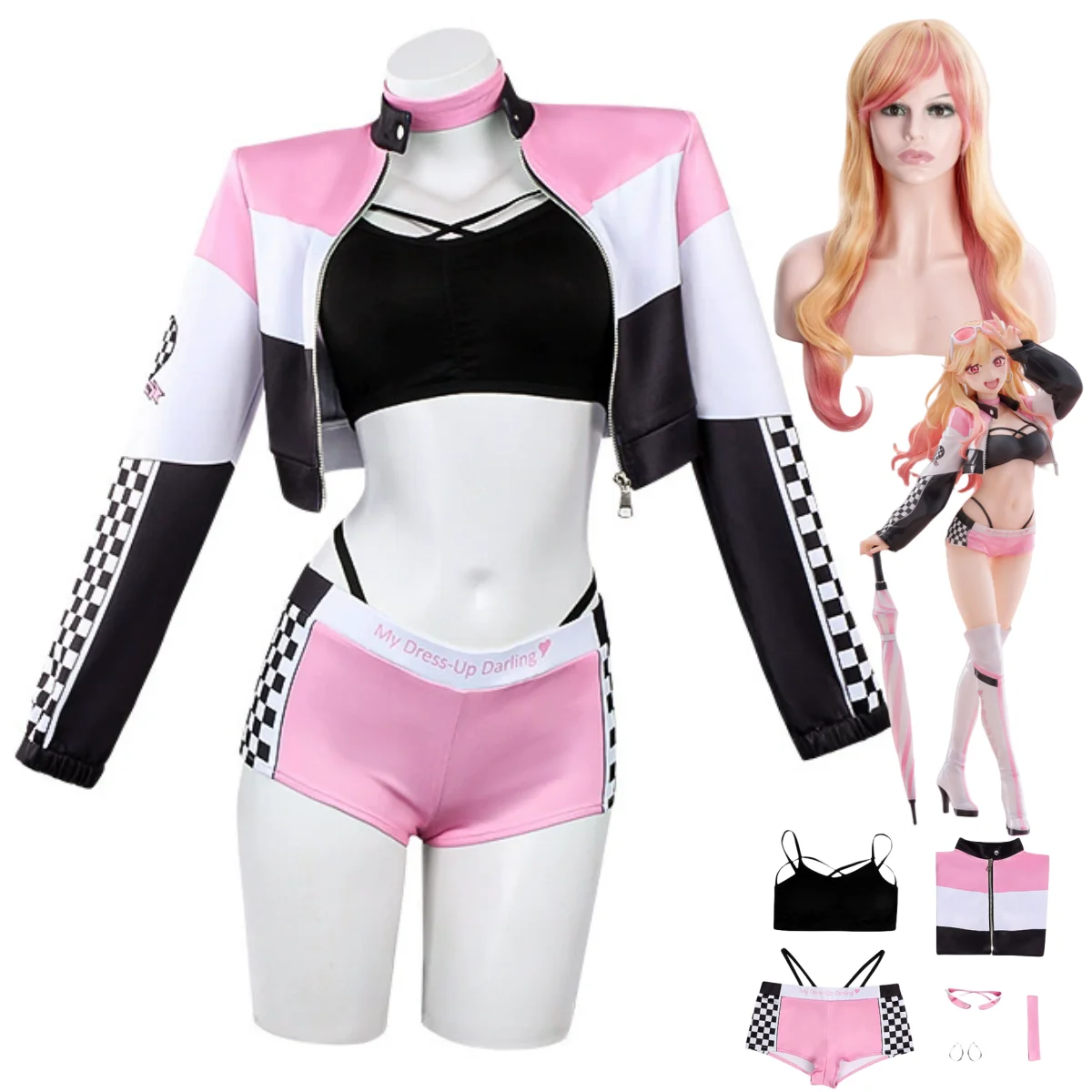 Anime My Dress-Up Darling Kitagawa Marin Cosplay Kostüm Rosa Rennanzug Mantel Shorts Perücke Frau Sexy Karneval Weihnachtsanzug Image