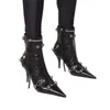 Frauen Neue Niet Fransen Stiefel Metall Reißverschluss Motorrad Stiefel Gürtel Schnalle Spitz Kniehohe Schuhe Alter-silber Nieten stiefel