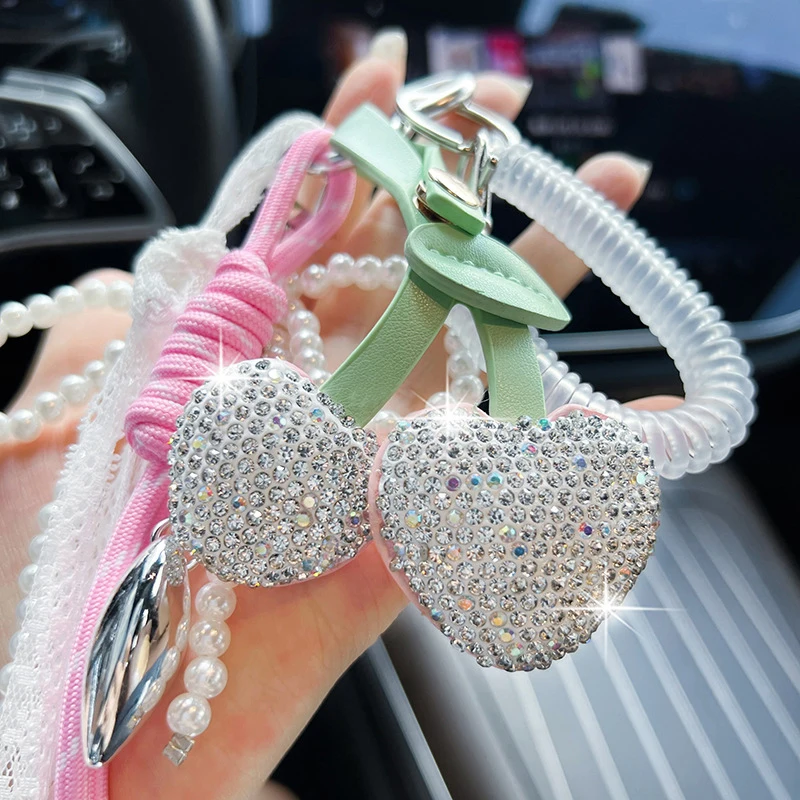 Kirsche Herz Schleife Schlüsselanhänger zarte Perlen Schlüsselanhänger Auto Schlüsselhalter Tasche Anhänger Dekoration für Mädchen Geschenk Image