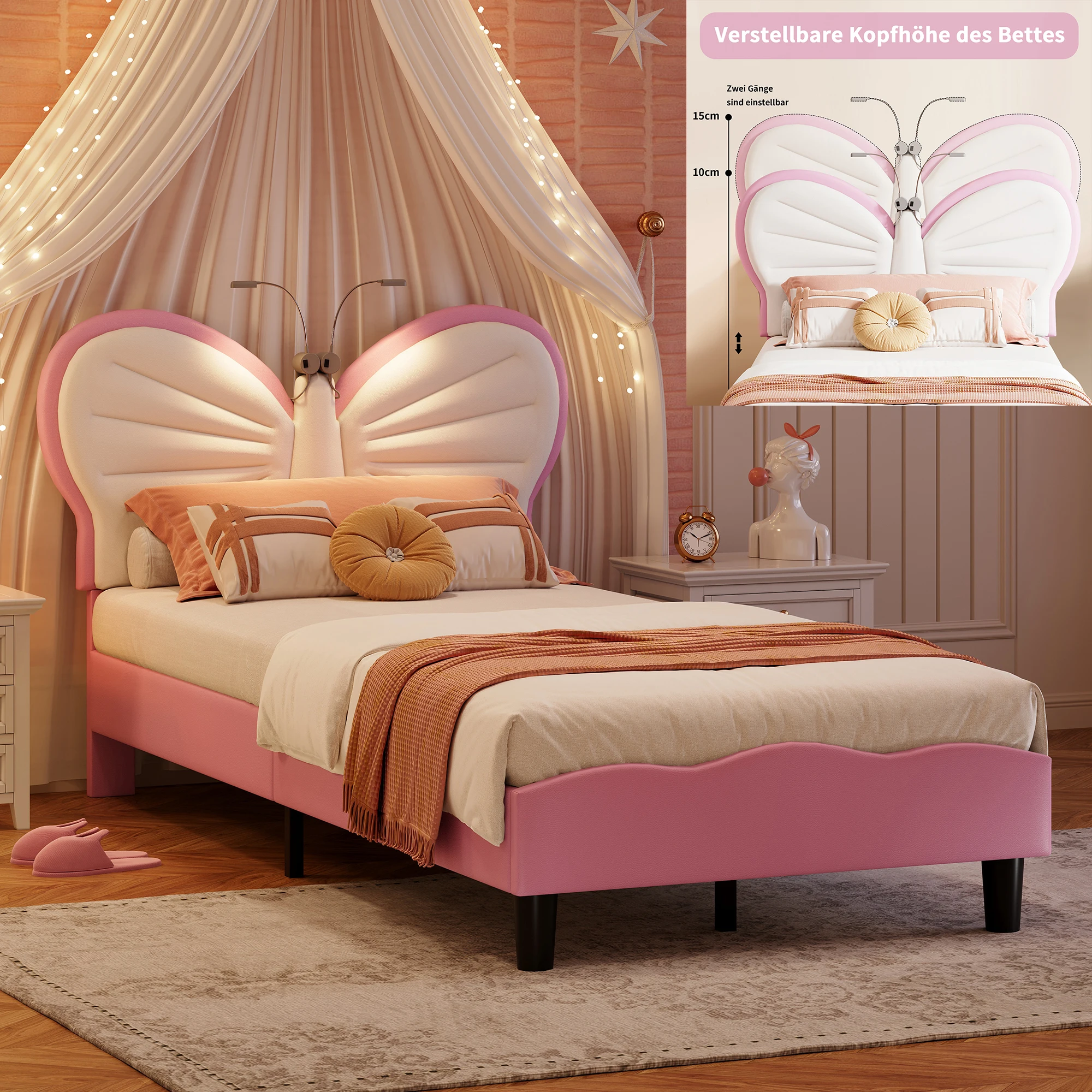 Rosahqnda Kinderbettgestell 90*200cm mit Licht,verstellbarem Kopfteil Schmetterlingsbett Polsterbett Einzelbett Mädchenbett Image