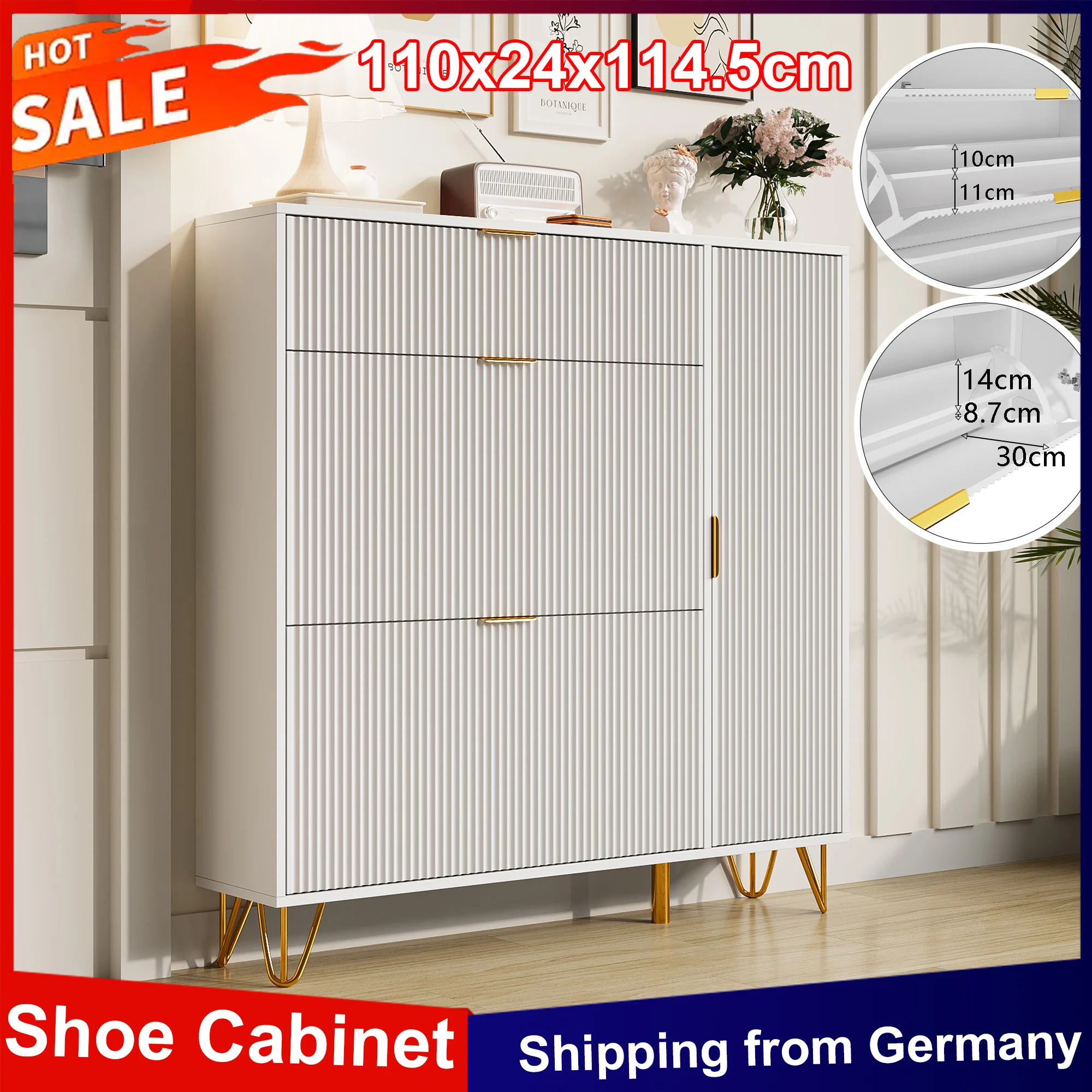 Anajqaqia Schuhschrank 110 x 24 x 114,5 cm, mit 3 Scharniertüren und Schublade, modernes Schuhregal mit Metallbeinen für den Eingangsbereich, weiß