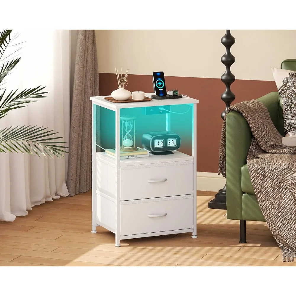 Comodino bianco per camera da letto con 2 prese USB, 1 presa di corrente e luci a LED, comodini con 2 cassetti in tessuto e 1 St
