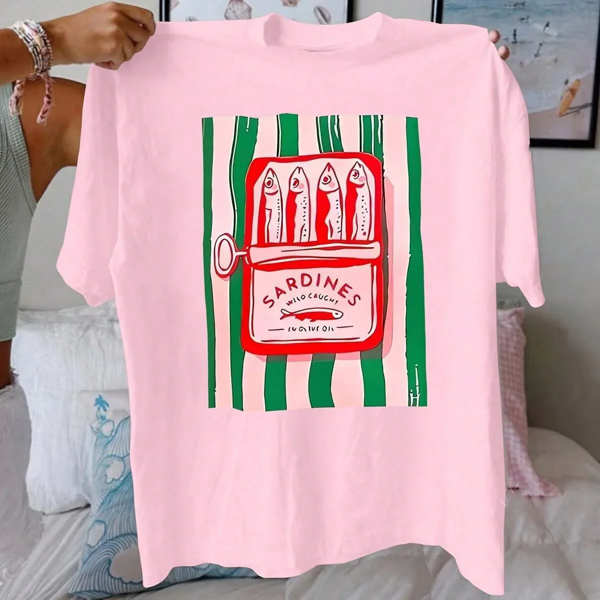 T-shirt da donna estiva T-shirt in cotone stampato sardina Girocollo Materiale traspirante Manica corta Top da donna moda casual