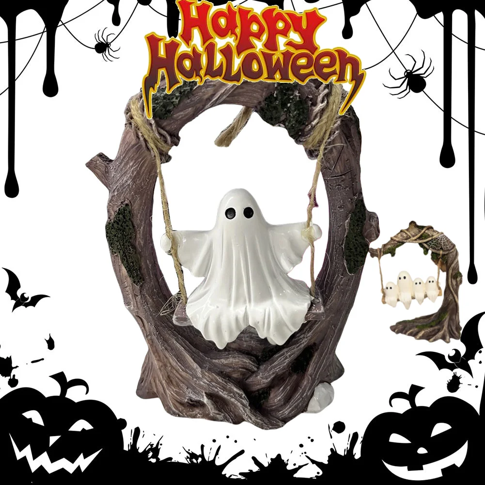 Gruselige Geister, Halloween-Dekoration, niedliche Geisterfigur, weiße Geisterskulpturen, weiße Geister-Schaukel-Dekorationen für Tischdekoration Image