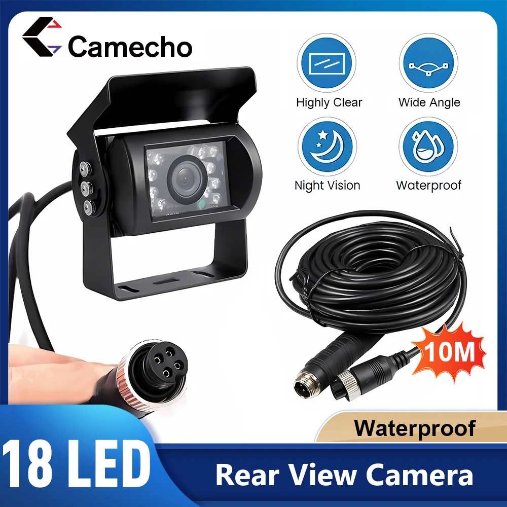 Camecho Reverse Night Vision Wasserdichte Backup-Rückfahrkamera + 10 m Luftfahrt 4-poliges Anschlusskabel für Bus, Wohnmobil, LKW, Anhänger Image