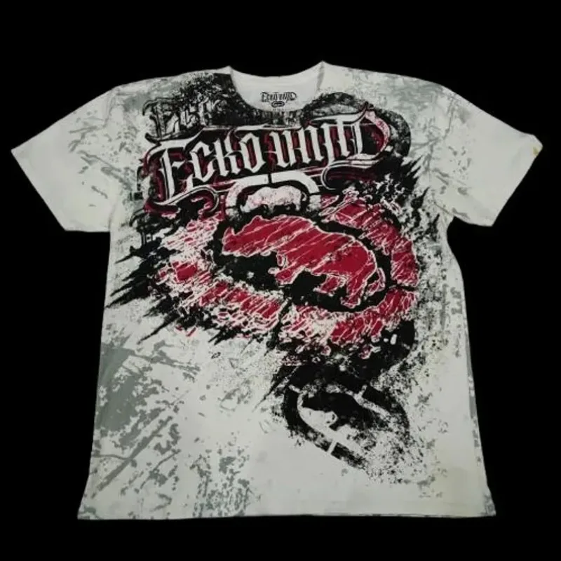 Y2K Ecko Conceptual Ink Splatter Rot Grau Farbverlauf Gothic Stil T-Shirt Hochwertige Baumwolle Fashion Tees Casual Streetwear