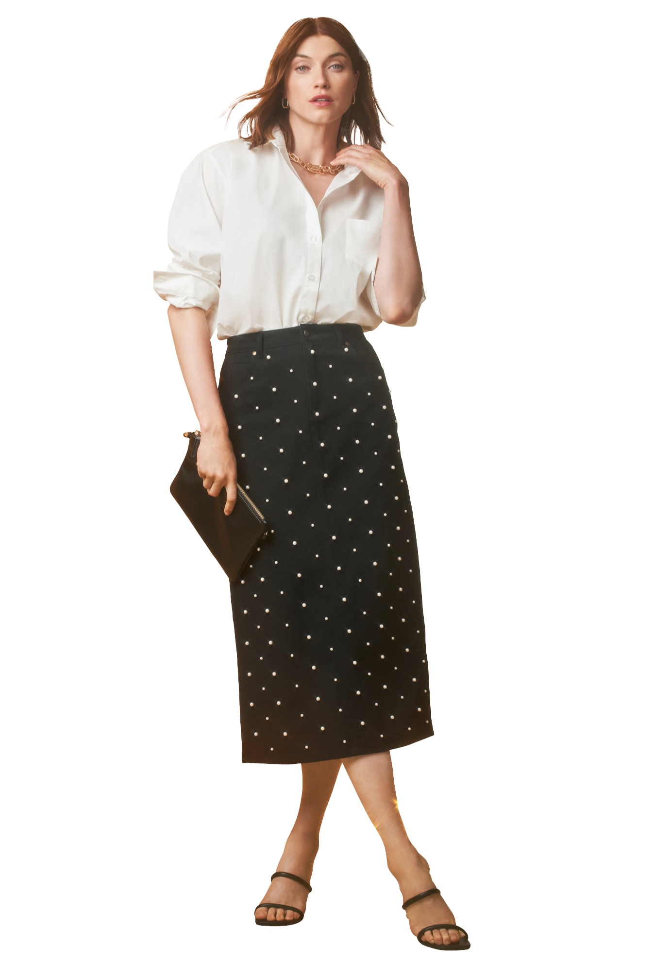 Plus Size Women's Classic Cotton Denim Midi Skirt by Jessica London in Black Pearls (Size 30) 100% Cotton