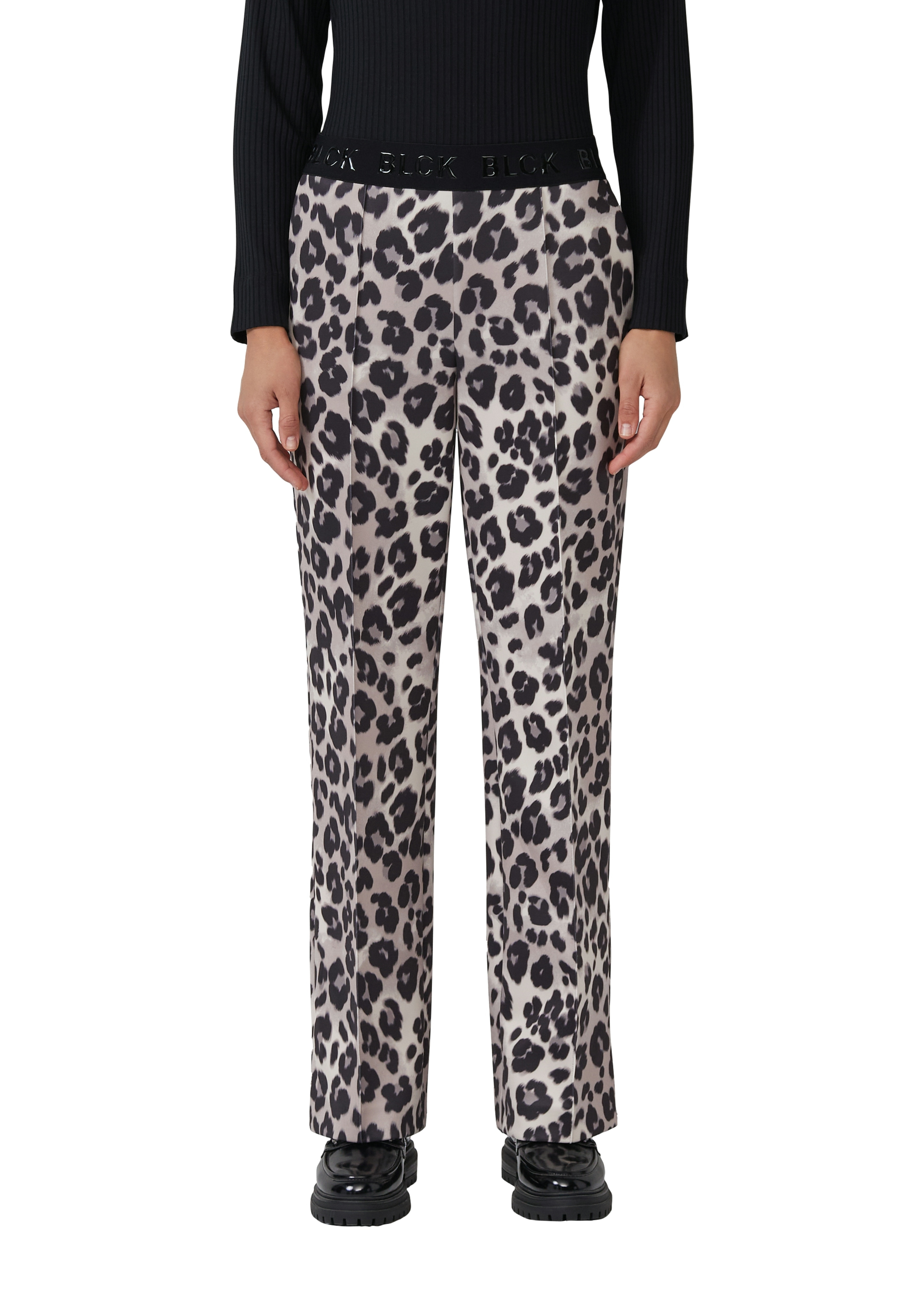 Stoffhose S.OLIVER BLACK LABEL, Damen, Gr. 38, N-Gr, schwarz (schwarz leo), Web, Obermaterial: 92% Polyester, 8% Elasthan. Futter: 100% Polyester, Animal-Print, bedruckt, weit knöchellang, Hosen Stoffhose, mit elastischem Bund