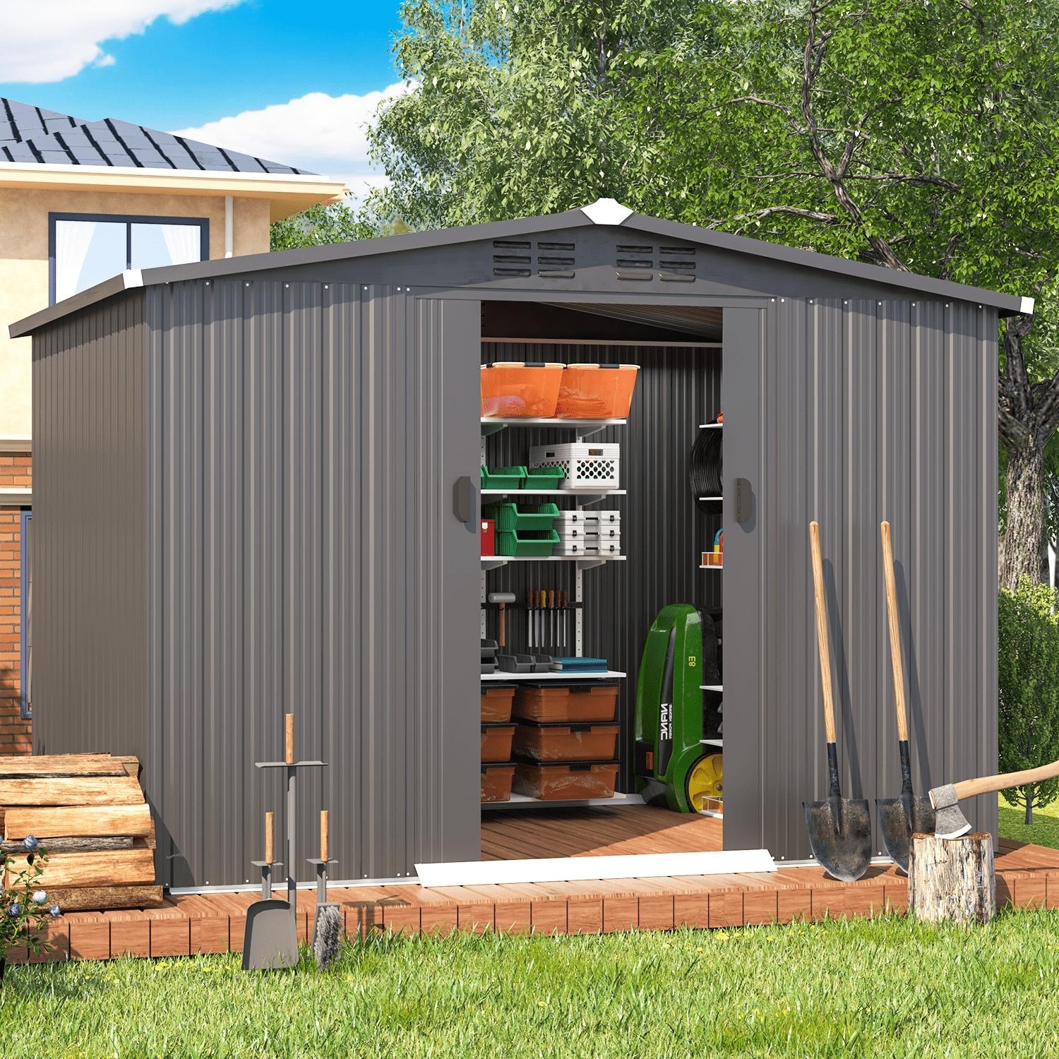 AECOJOY 8 x 6 ft. Outdoor Metal Storage Shed with Lockable Door Patio Garden Storage Building for Outside