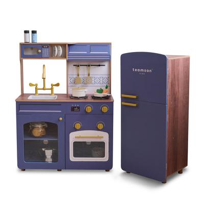 Teamson Kids Wooden Pretend Play Kitchen with Sink, Oven, Modular Fridge, and 14 Pcs Accessories for Age 3-5 Toddlers