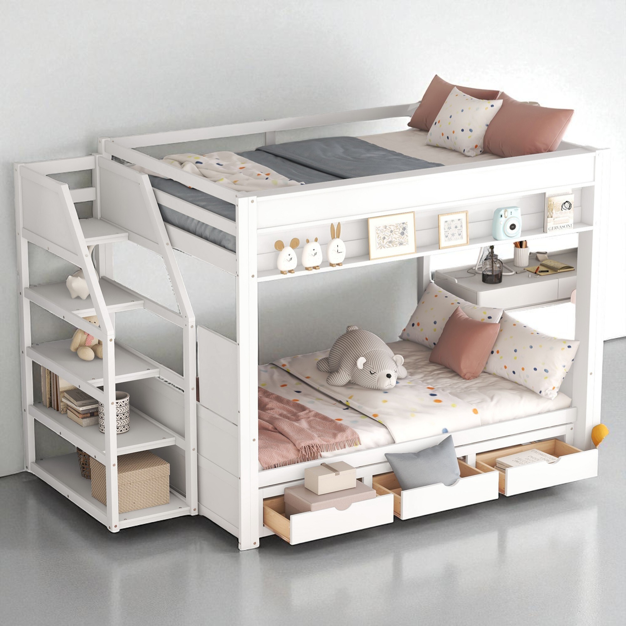 Full Size Convertible Wood Bunk Bed with Storage Staircase, Daybed, Bedside Table, and 3 Drawers