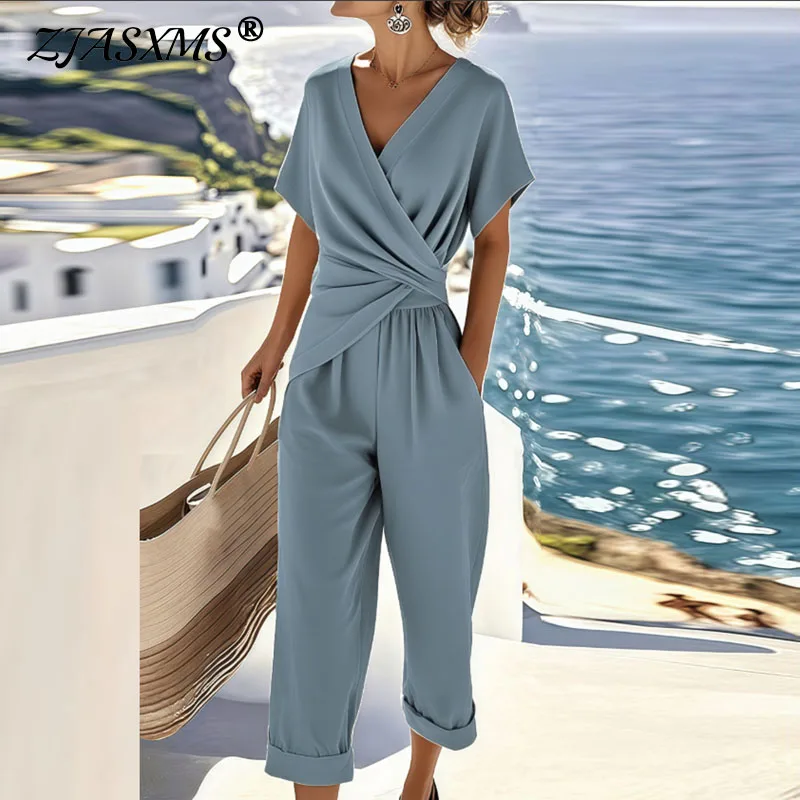 Sommer Fashion Solid frauen Zwei Stücke Set Elegante V-ausschnitt Schlank Büro Anzug Casual Plissee Unregelmäßige Top Und Hosen Weibliche outfit Image