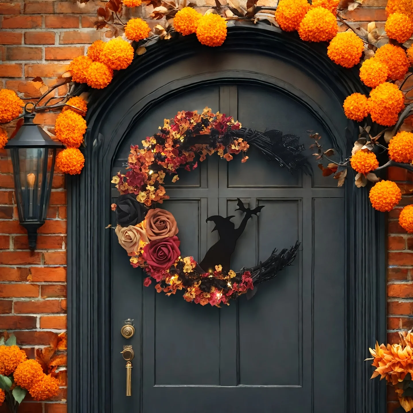1 Stück Gothic-Halloween-Kranz – Hexen-Katzen-Mond-Silhouette mit Herbstblättern und Rosen, Halloween-Dekorationen, Mondlicht-Nacht-Thema Image