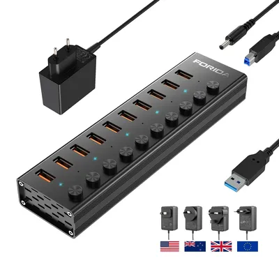 FORIDA USB 3.2Hub 10 Gbit/s Aluminium 10 Port Splitter Split Switch mit 12 V Netzteil für MacBook Handy Tablets