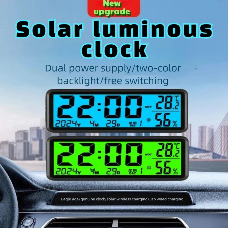 Solar/USB-betriebenes Auto-Armaturenbrett-Thermometer, LED-Anzeige, elektronische Kfz-Uhr mit Hintergrundbeleuchtung, Autozubehör Image