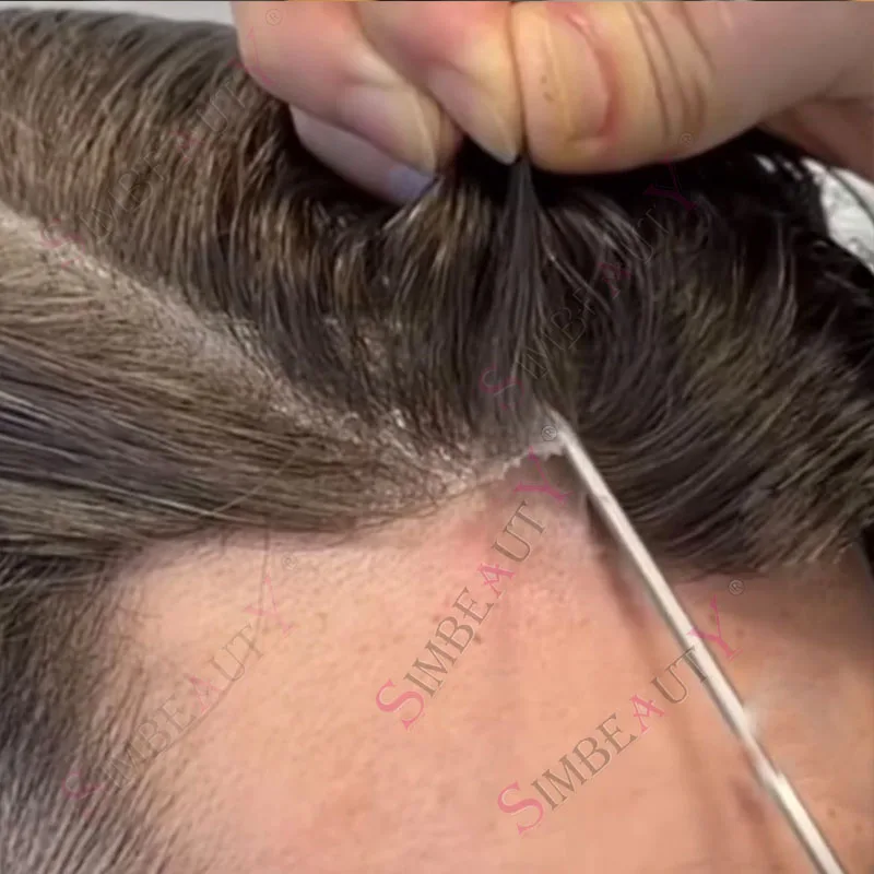 Unsichtbares natürliches 80 % Dichte, ultradünn, 0,02 mm, Grau, 1B50, 1B80, Herren-Toupet, Blond, Braun # Kapillarprothesystem mit 18 menschlichen Haaransatz Image