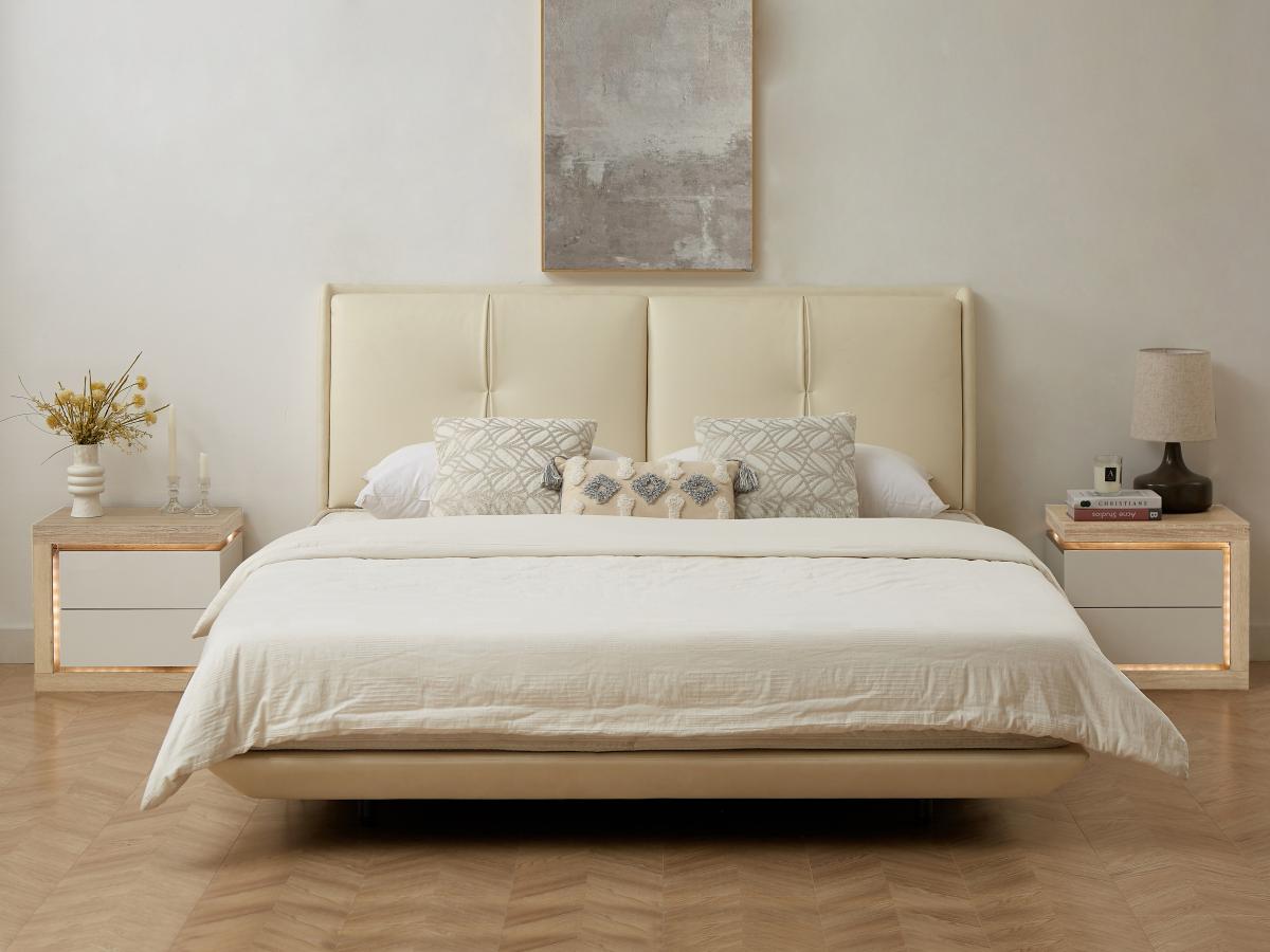 Comodino lato destro con 2 cassetti Con LED Bianco laccato e Naturale - FLARANCIA