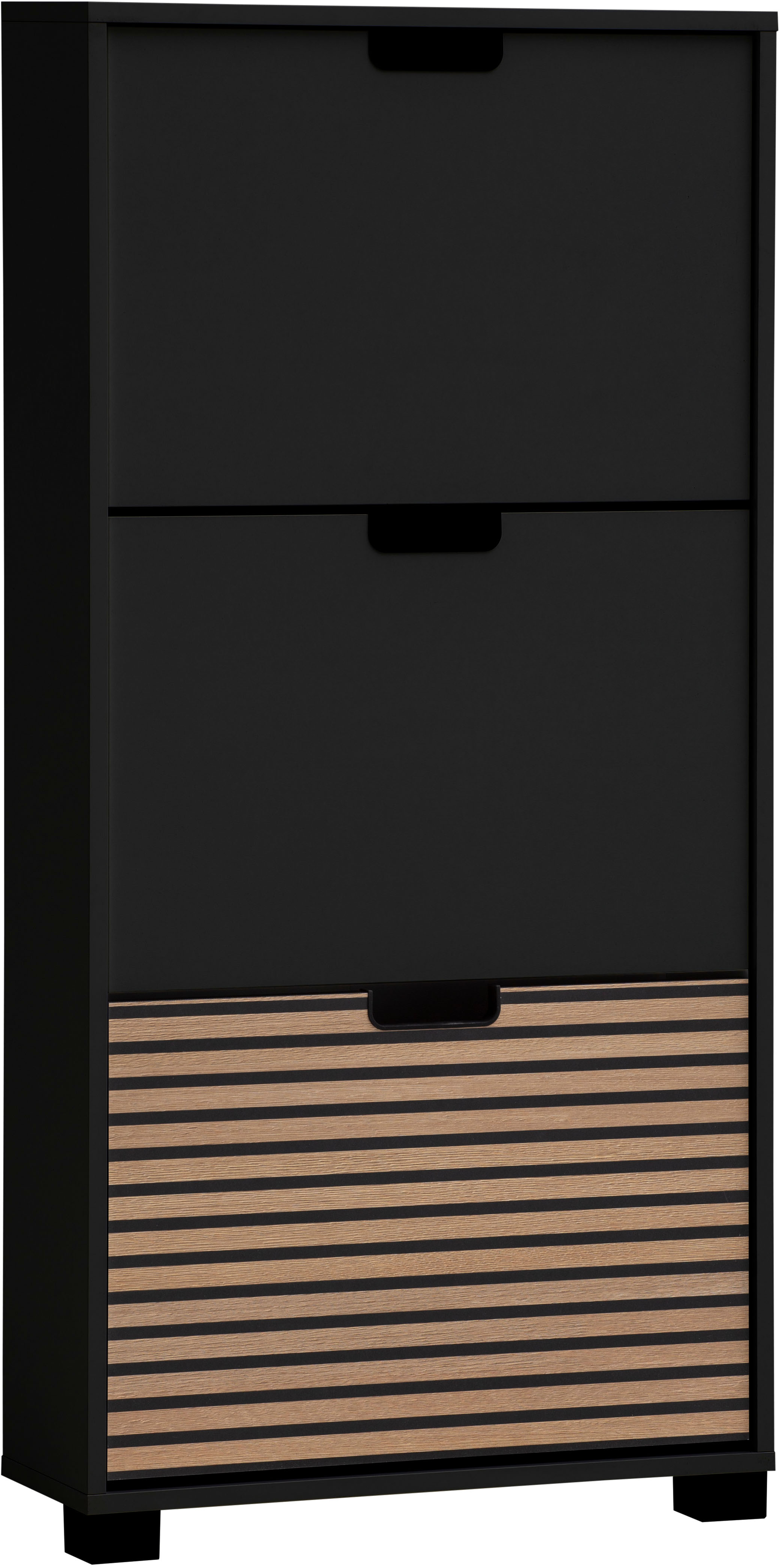 Schuhschrank SCHILDMEYER "Ryker Schuhschrank, Breite 59 cm", schwarz, B:59,8cm H:124cm T:19,55cm, FSC-zertifizierter Holzwerkstoff, Schränke, Schuhschrank, eine Klappe in Akustikplatten-Optik, Platz für 9 Paar Schuhe