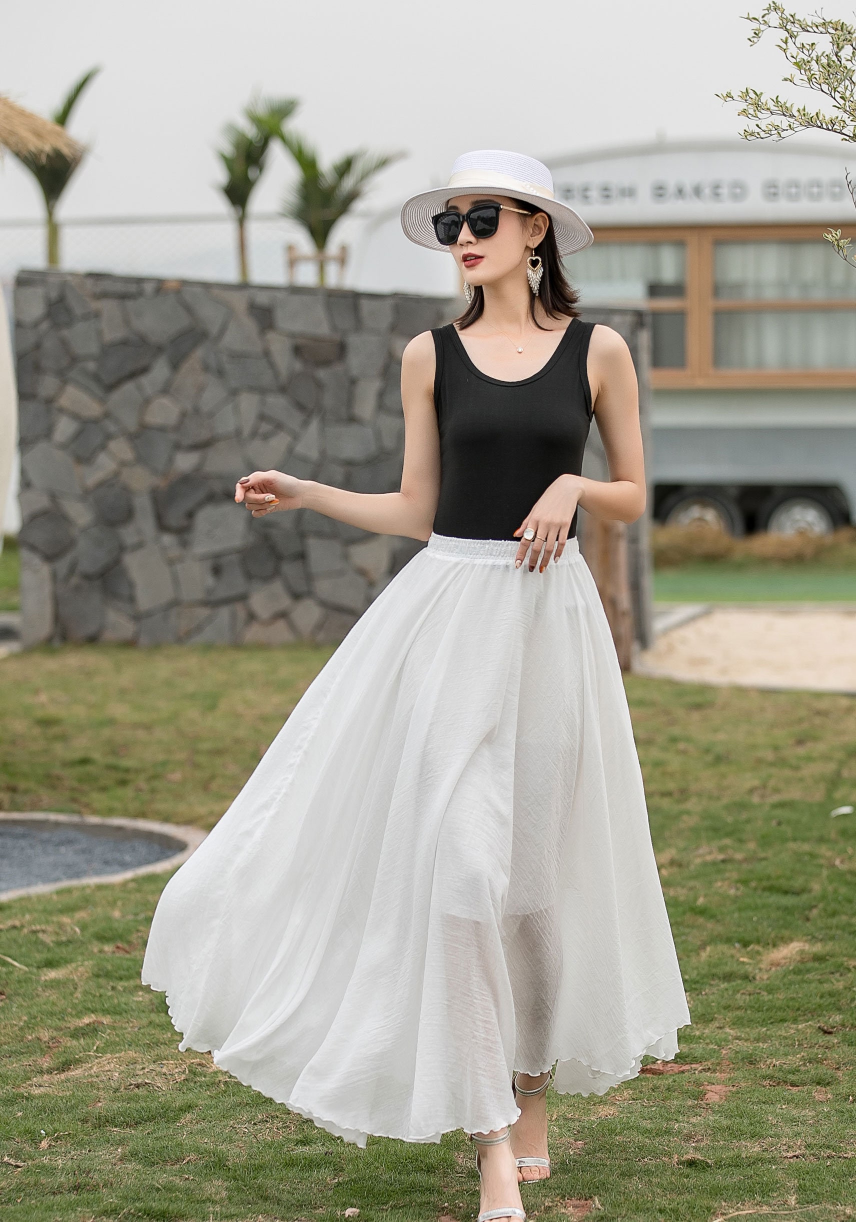 Jupes de plage bohème en coton blanches, jupes longues plissées à taille élastique, jupe pour femme, jupe longue en coton, jupe unie d'été couleur bla