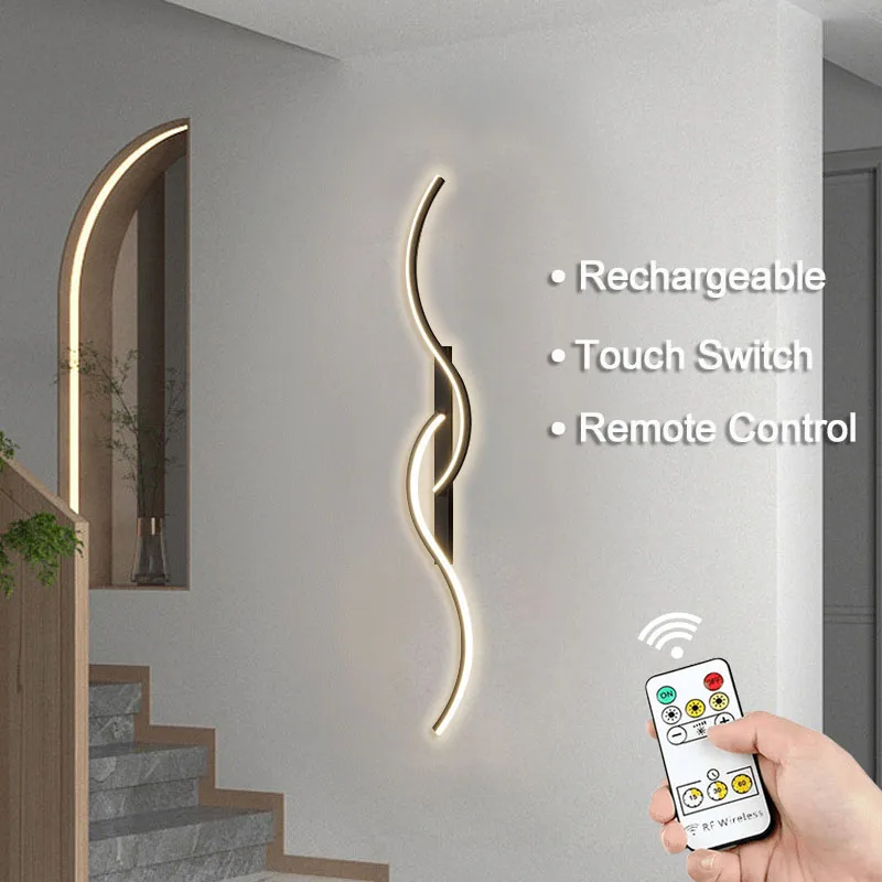 Kabellose LED-Wandleuchte, 5 V, wiederaufladbar, 80 cm, Wandleuchte mit Fernbedienung, moderne Schlafzimmer-Nachttischlampe, Schwarz