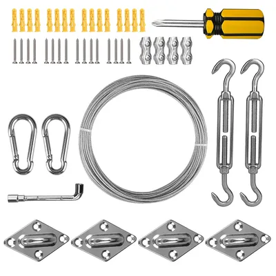 Shade Sail Hardware Kit with 15M Cable Wire Stainless Steel Awning Canopy Installation Kit Turnbuckles Eye Hook Kit for Garden