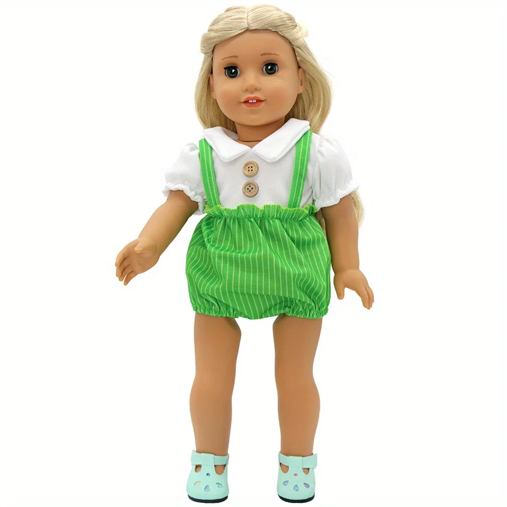 1 Satz Mädchenpuppenkleidung, geeignet für 16-Zoll-Puppen (Produkt enthalten keine Puppe und Schuhe). Grün gestreifte Hosenträger