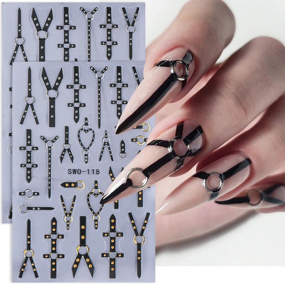 2 stücke Punk Stil Nägel Aufkleber Schwarz Linie Design Kunst Slider Party Coole Dekoration Klebe Aufkleber Prägen DIY Maniküre Zubehör Image
