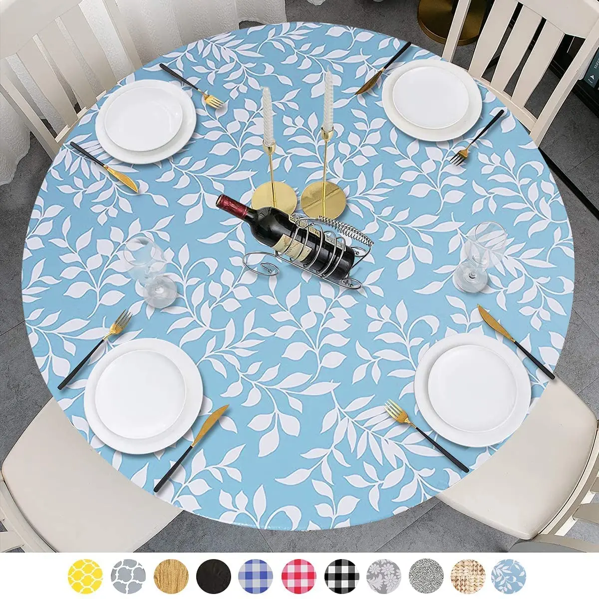 Ausgestattet mit runder Kunststoff-Vinyl-Tischdecke, Flanell-Rückseite, elastischer Rand, wasserdichter Tischschutz für Esszimmertischabdeckung Image