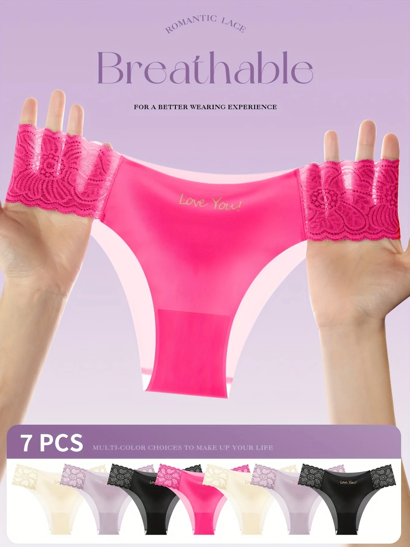 7-teiliges Damen-Bikini-Höschen mit niedrigem Bund, atmungsaktives Nylon mit Spitzenbesatz, elegante einfarbige Farben (Rosa, Schwarz, Beige und mehr), Image