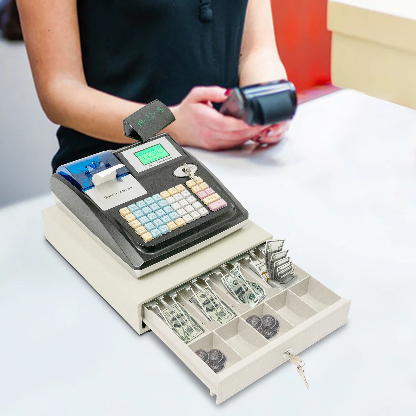 Elektronisches Registrierkassen-POS-System mit 48 Tasten, Dual-Display, 36 Dept, 10.000 PLUs mit Münzschublade für Einzelhandelsgeschäfte, 100–240 V, EU-Stecker Image