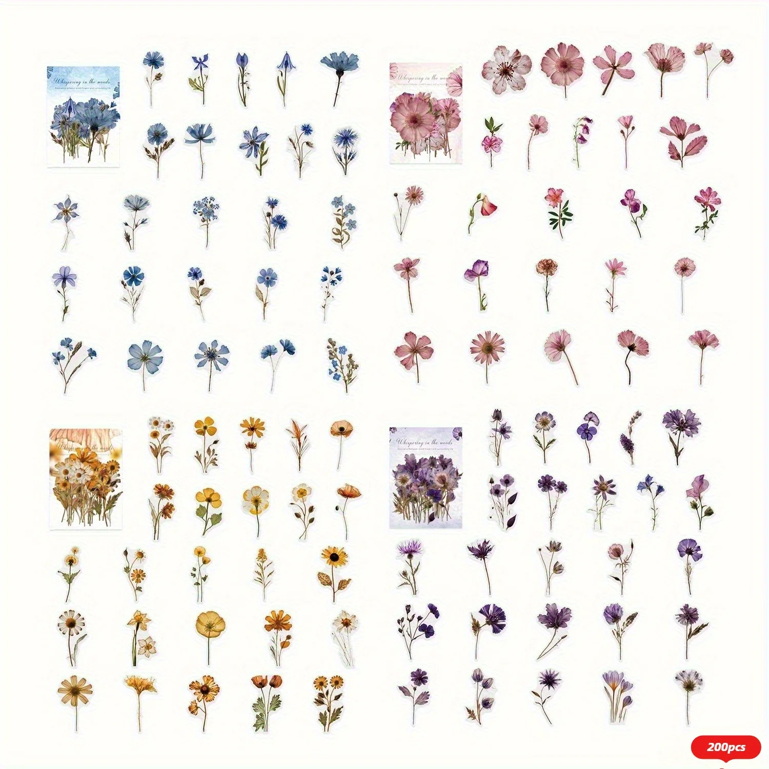 200 Stück (4 Packungen) PET-Blumen-Aufkleber, DIY, Scrapbooking, Kunst, Collage, Schreibwaren, Planer, Junk-Journal, Dekor, Tagebuch-Aufkleber Image
